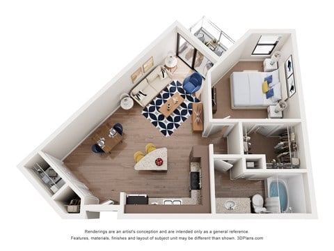 Floor plan for 1 bed, 1 bath, 763 sqft